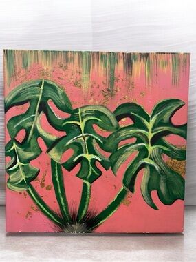 Green Monstera Leaf Canvas on Pink Background